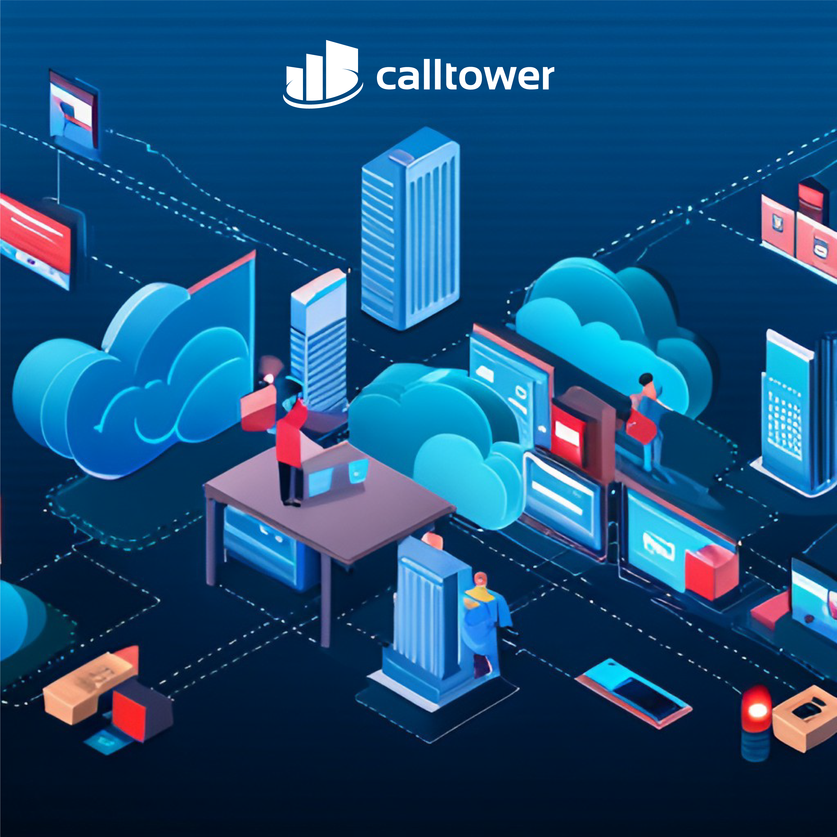 UCaaS Solution. A computer network with people working on it with CallTower logo. 