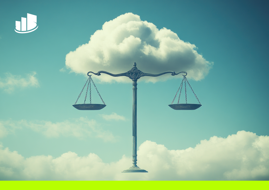 Vintage-style balance scale suspended from a fluffy cloud in a blue sky, symbolizing weighing cloud-based solutions against traditional options.