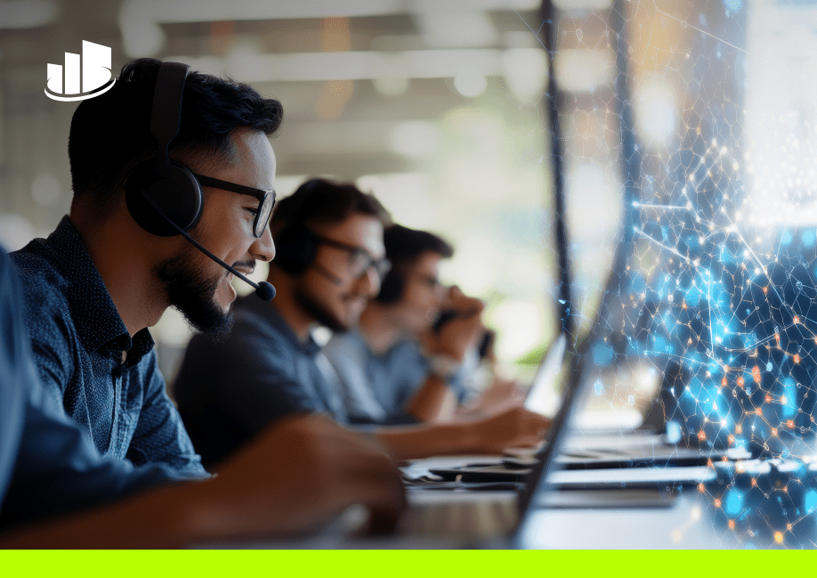 AI-powered contact center agent using headset and laptop for customer support.