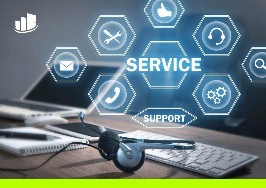 Contact center service and support concept with headset, keyboard, and icons for phone, email, and chat communication.
