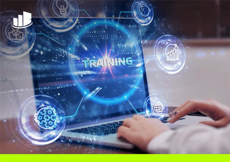 Hands on laptop showing “TRAINING” with digital icons highlighting CallTower’s expert training team.