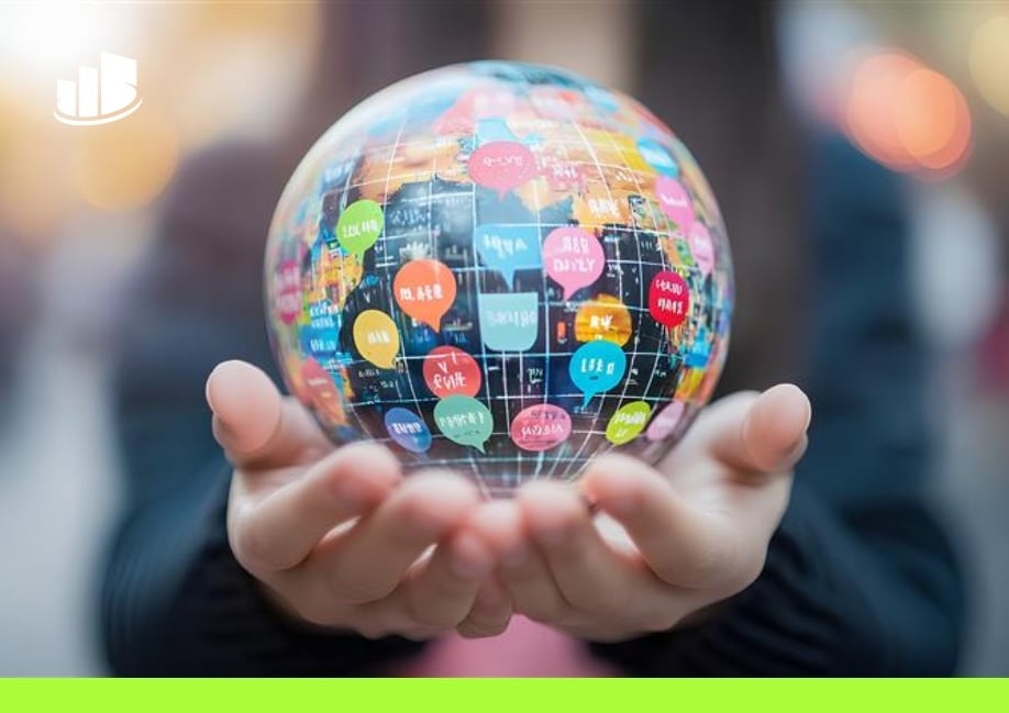 A person holding a transparent globe in their hands, with colorful speech bubbles in various languages displayed across it, symbolizing global communication and connectivity.