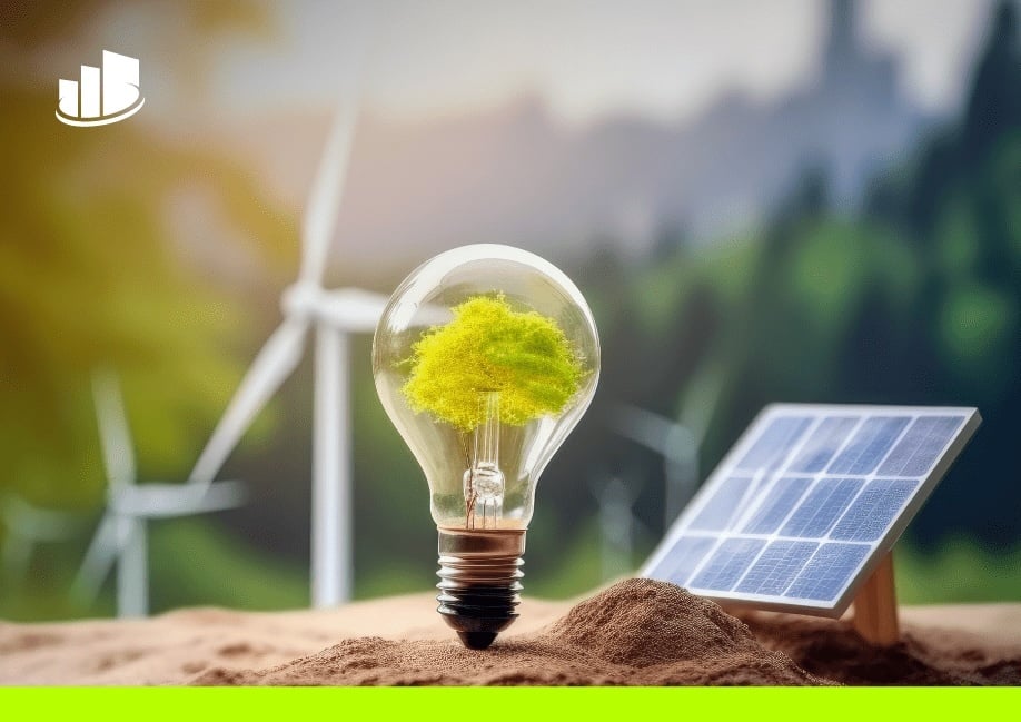 Sustainable light bulb and solar panel symbolizing rethinking customer experience with a smaller carbon footprint.