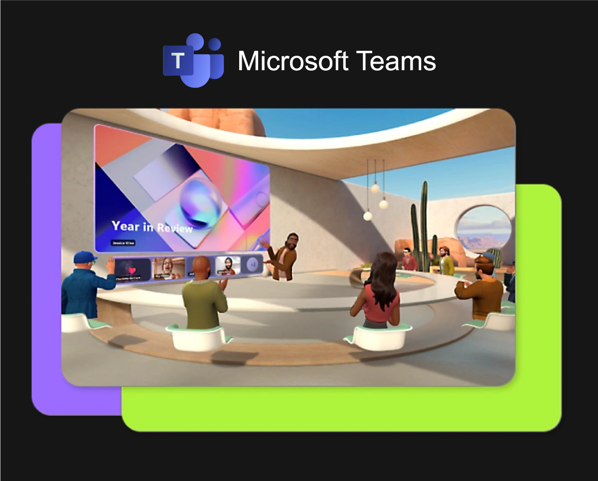 3D Meetings. An image of people having a meeting in 3D under a Microsoft teams logo.