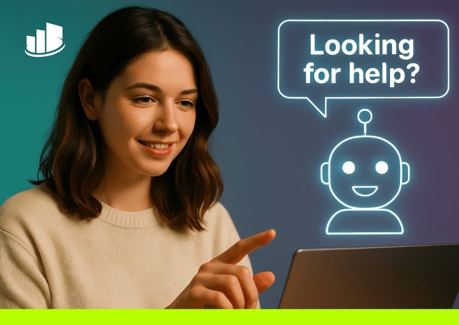 Woman with tablet and AI chatbot icon, symbolizing The Contact Center Reset: Designing CX in an AI-First World.