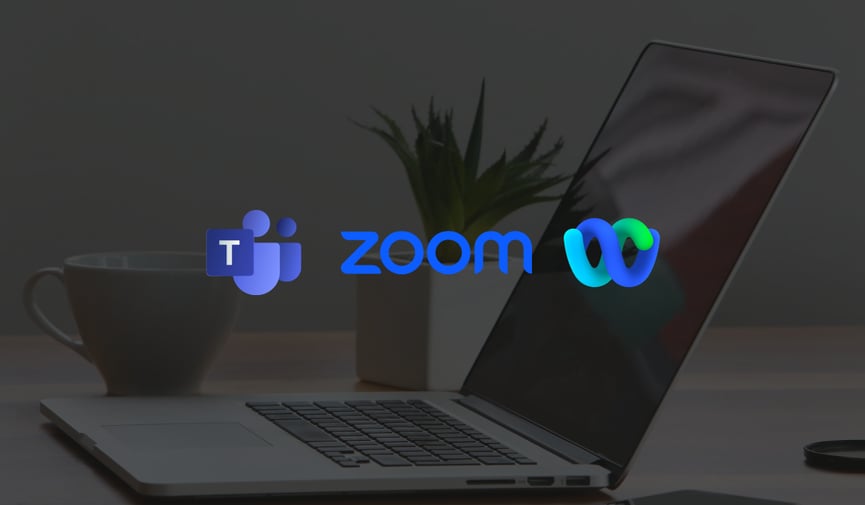 UCaaS Products. A laptop with a screen showing a zoom microsoft teams and webex logo 