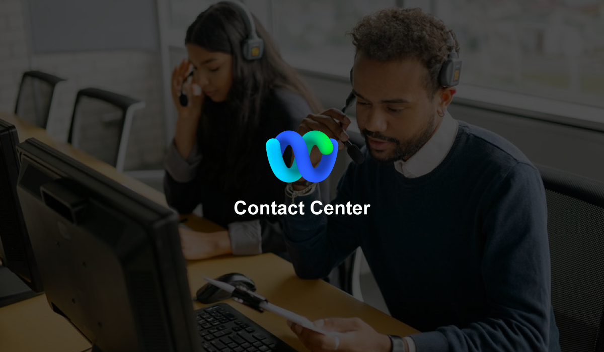 Two people on telephone headsets on sitting at a desk looking at computers with the Webex Contact Center logo overlay 
