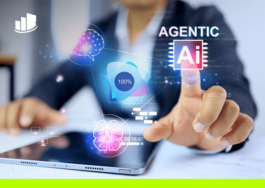 Professional using digital interface showing Agentic AI and data icons symbolizing next-gen AI innovation with CallTower.