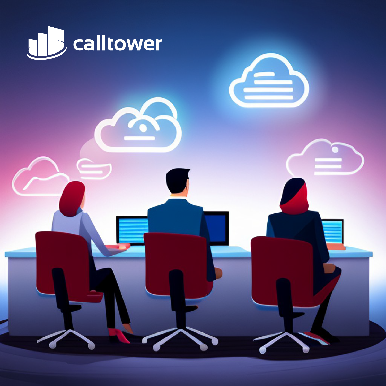 AI and cloud contact centers. People sitting as a desk with clouds above.