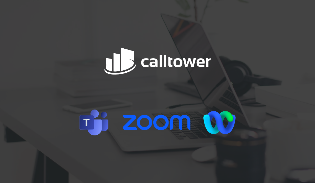 a laptop and a computer and logos showing CallTower's implementation & support for Teams, Zoom, and Webex