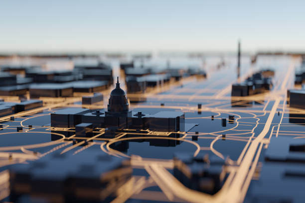 Benefits of GCC High. A 3D rendering of a city skyline featuring a majestic capitol building in the center.