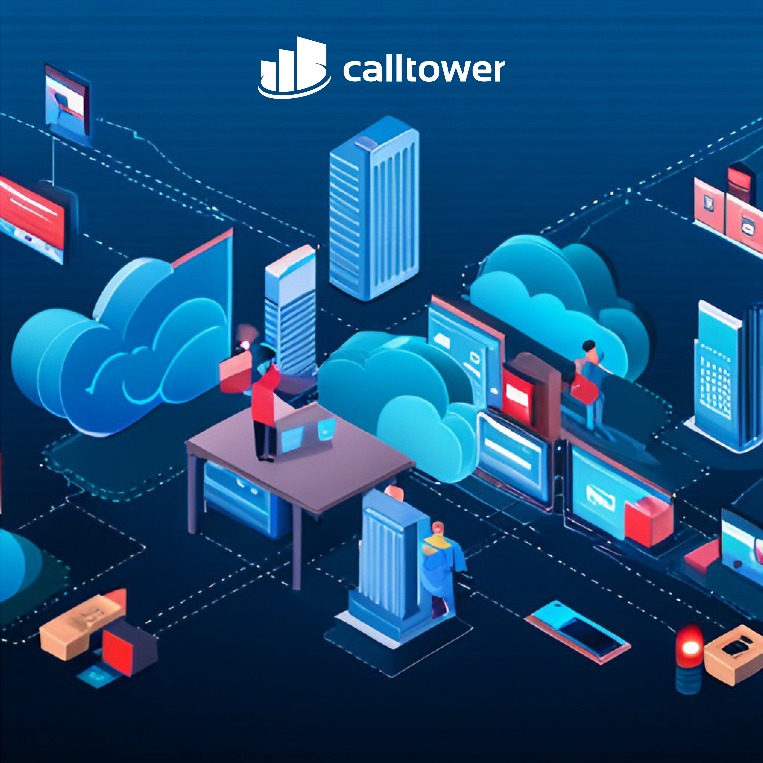 a computer network with people working on it with CallTower logo. 