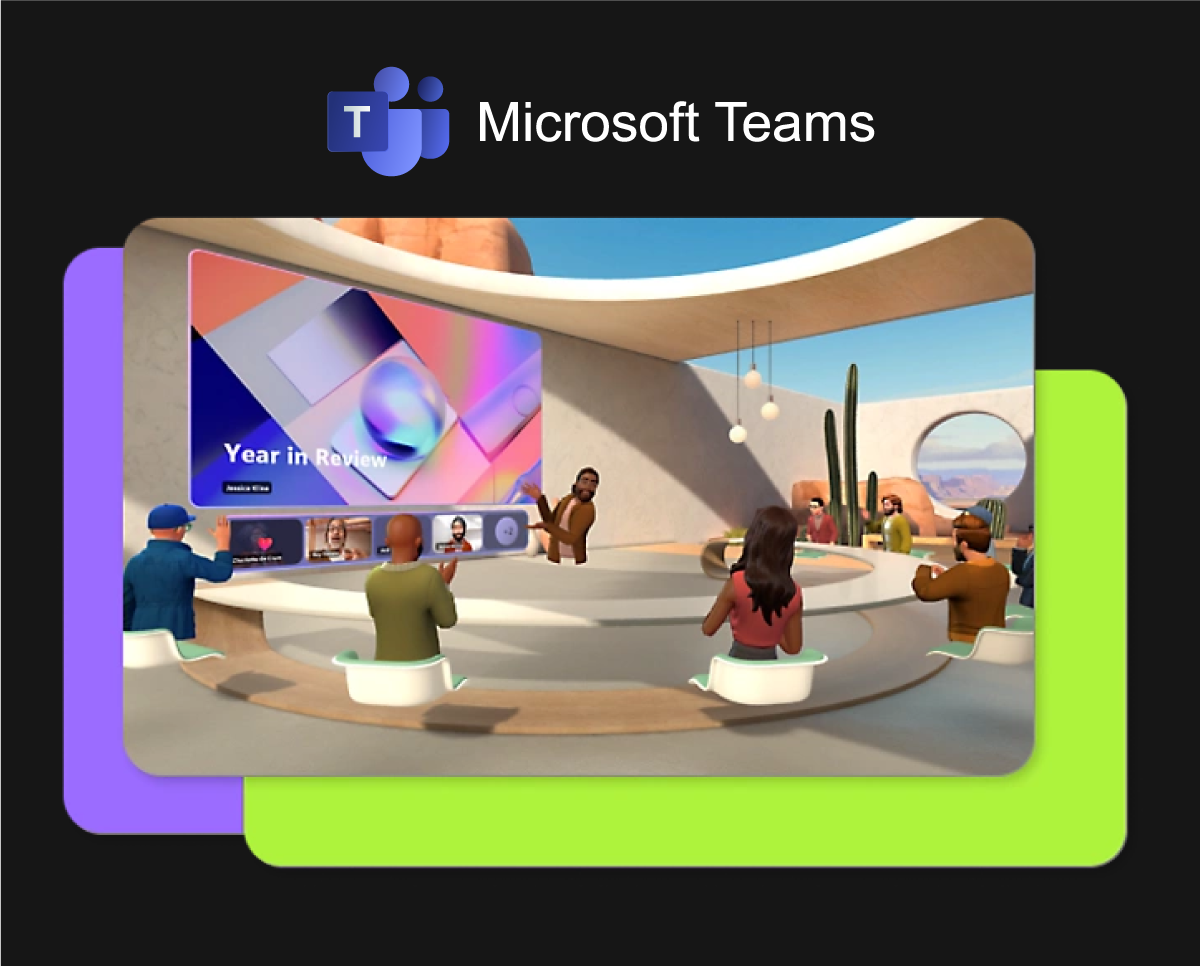 an image of people having a meeting in 3d under a Microsoft teams logo 