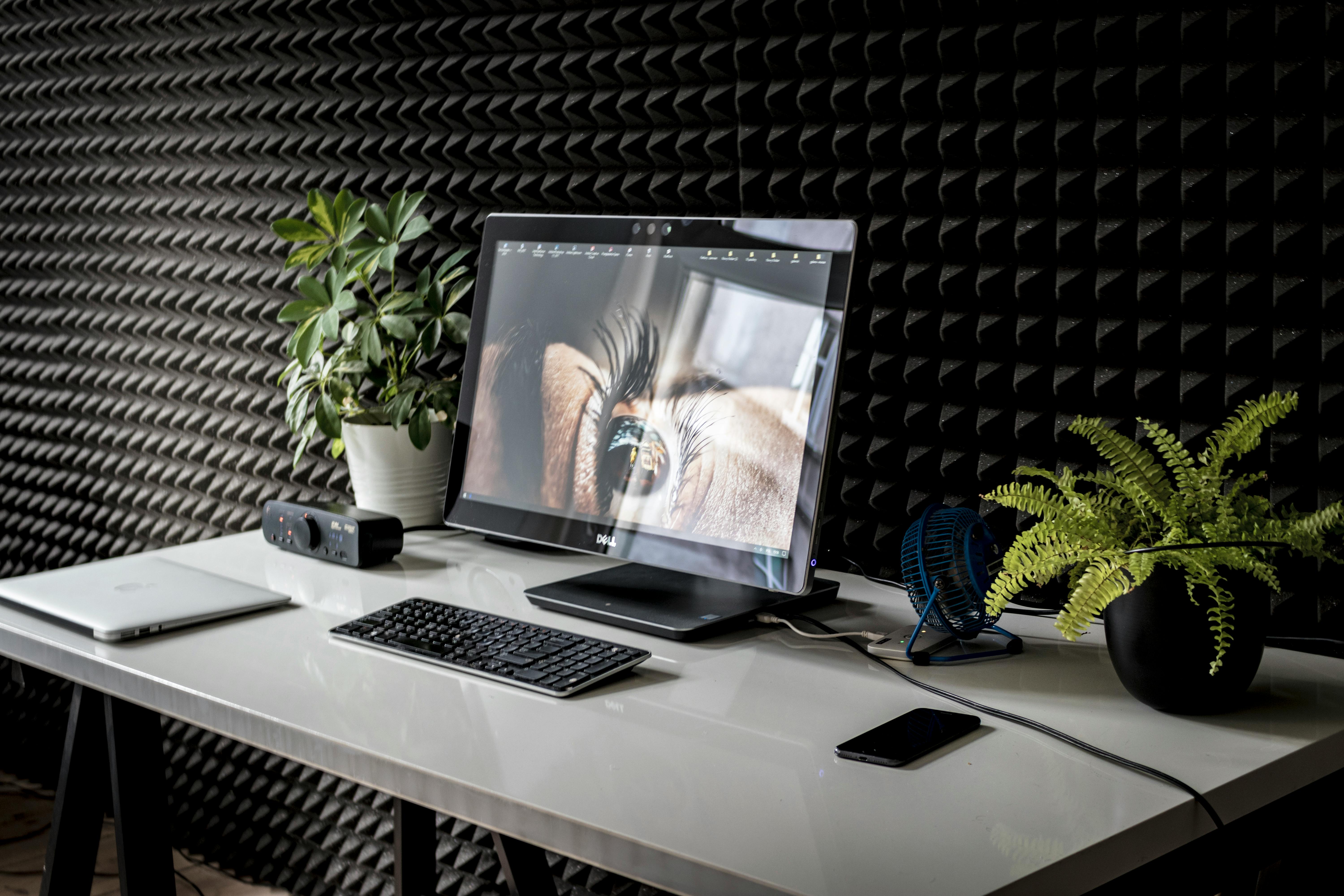 Microsoft Teams and Webex. Laptop on a desk with plants.