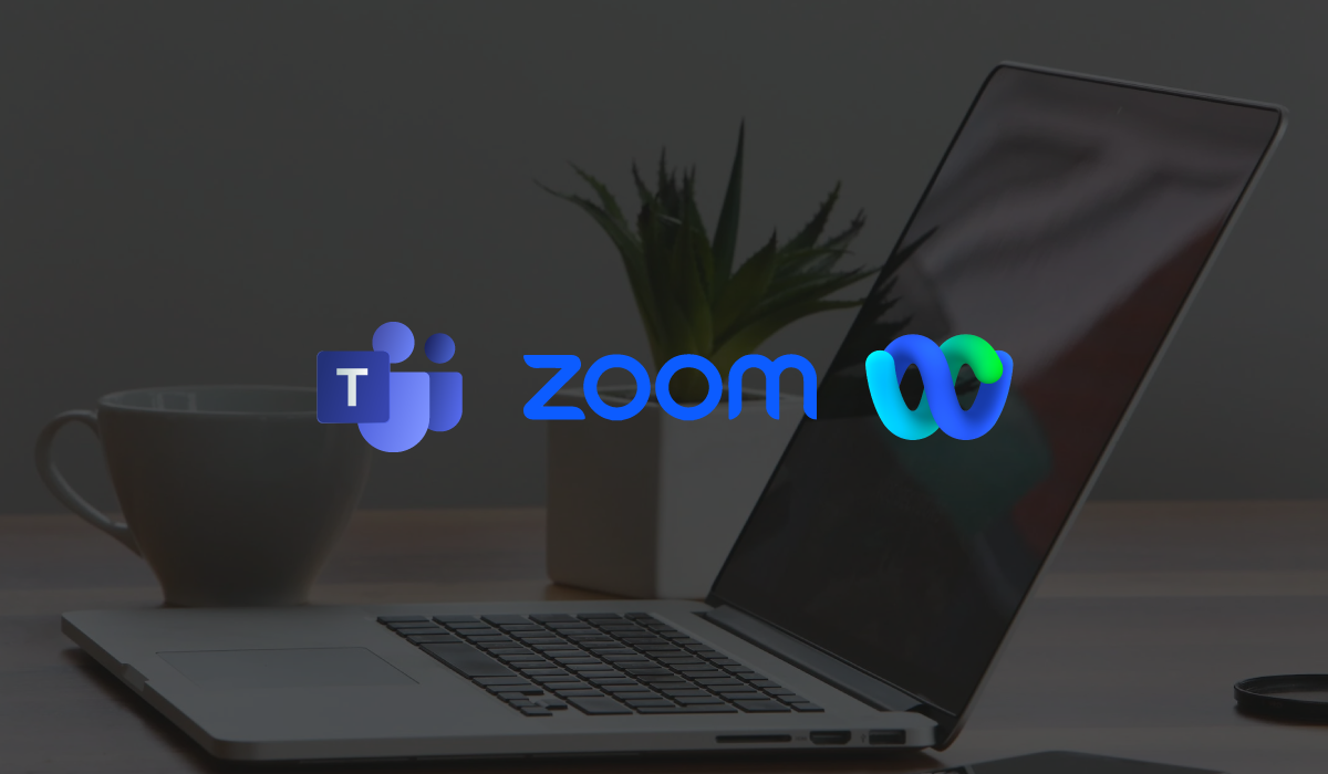 a laptop with a screen showing a zoom microsoft teams and webex logo 