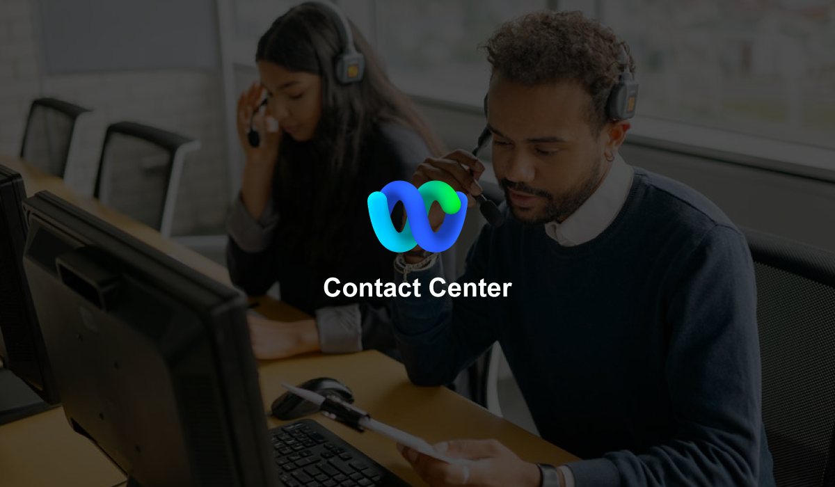 two people on telephone headsets on sitting at a desk looking at computers with the Webex Contact Center logo overlay 