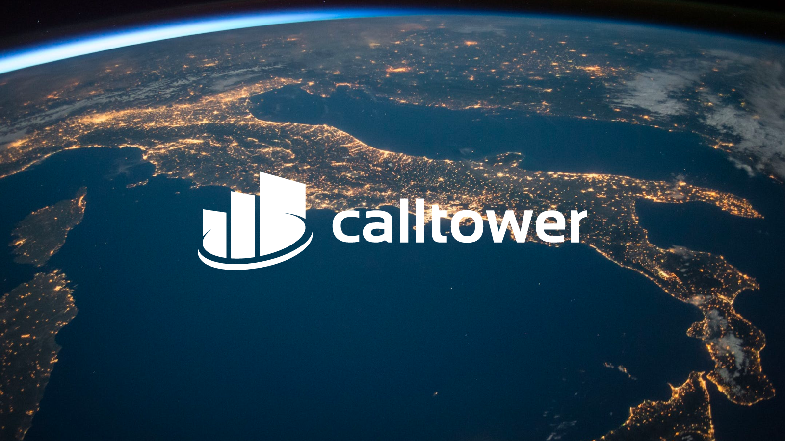 a planet with lights and text with a calltower logo overlay